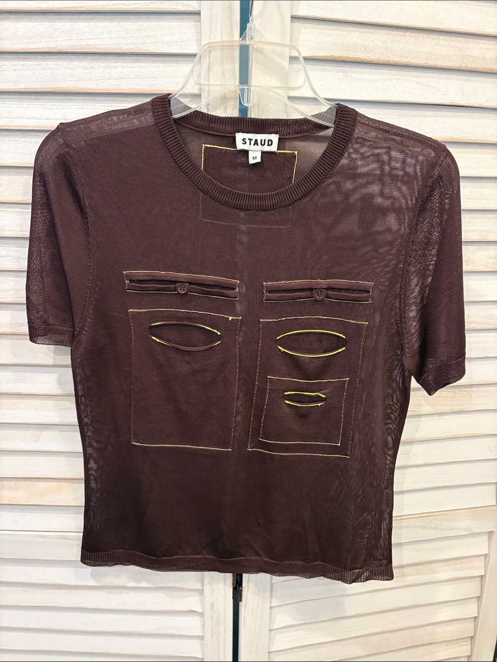 STAUD Brown Short-Sleeve Sheer Pocket-Stitch Tee